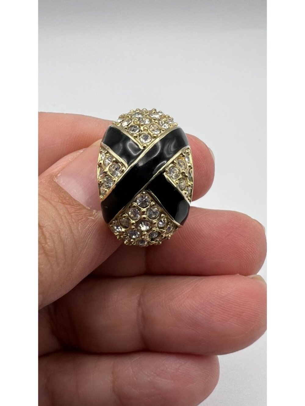 Vintage Gold-Tone Clip-On Earrings With Black Enamel & Rhinestone Accents - Picture 2 of 5